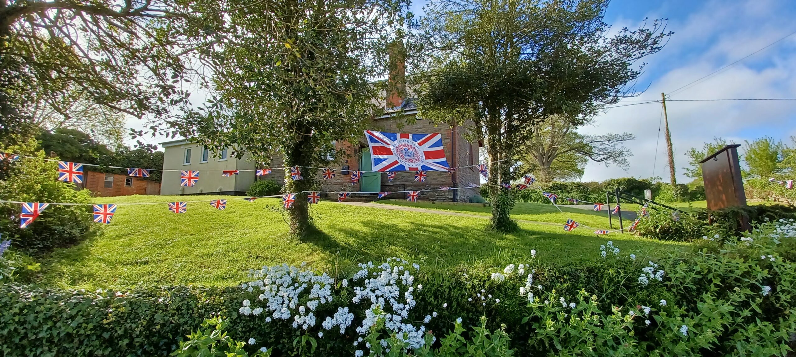 Hall outside decorated for the Coronation